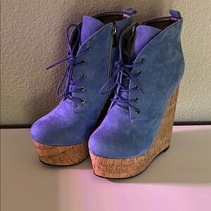 Blue Suede Platform Wedge Ankle Boots